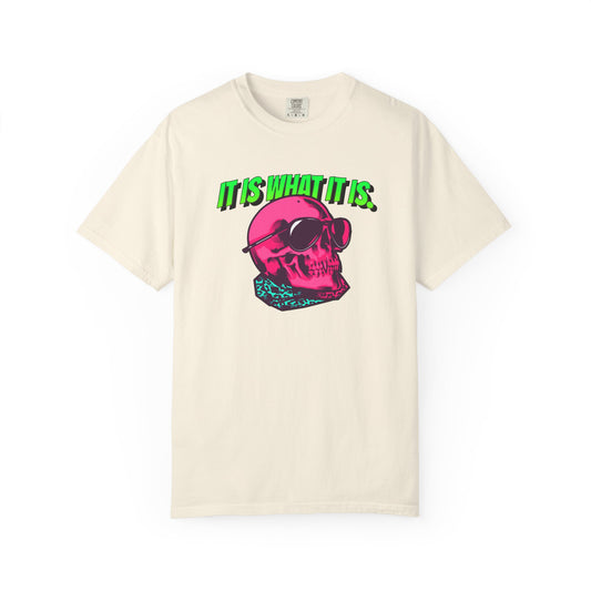 Skull Graphic T-Shirt — "It Is What It Is" Neon Retro Tee