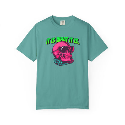 Skull Graphic T-Shirt — "It Is What It Is" Neon Retro Tee