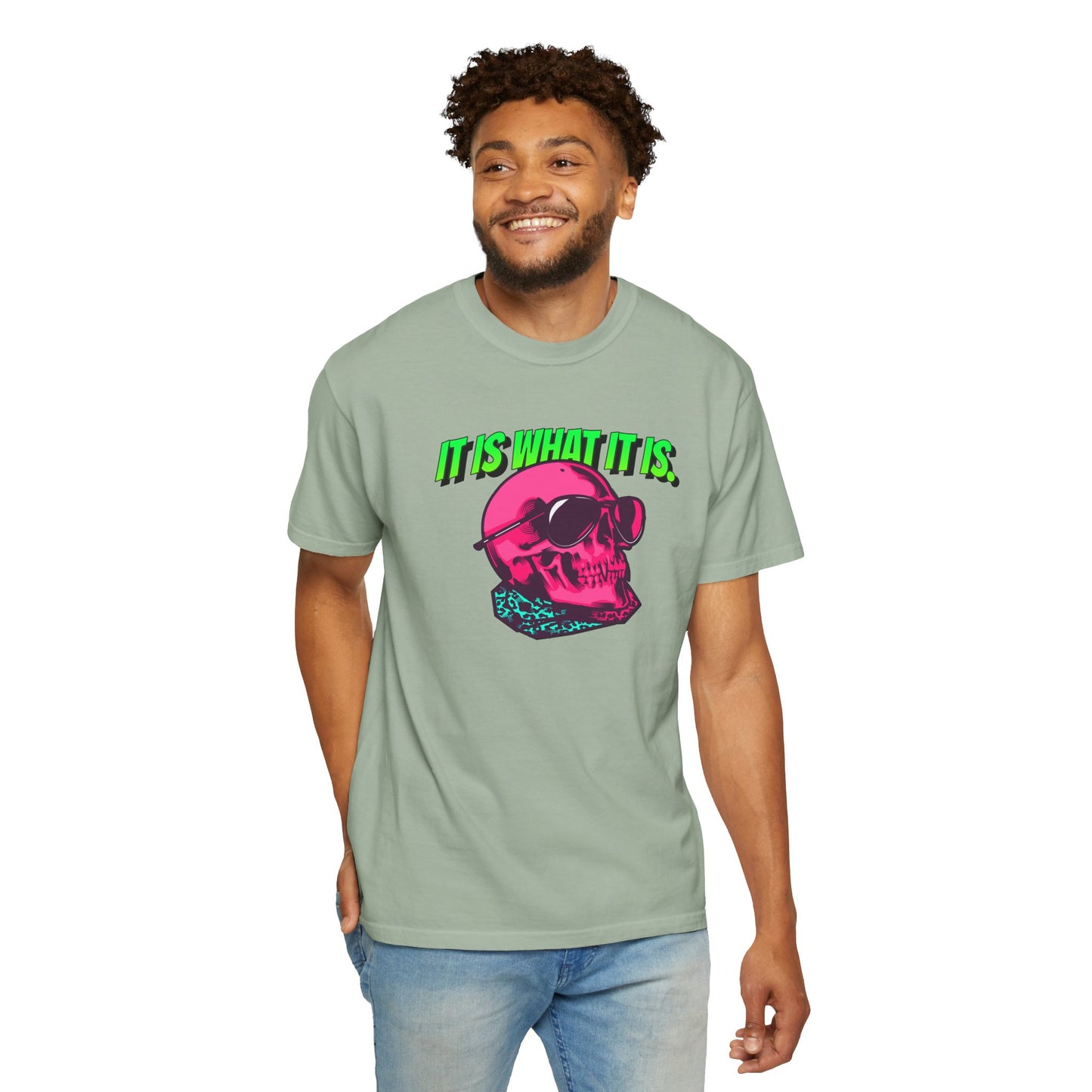 Skull Graphic T-Shirt — "It Is What It Is" Neon Retro Tee