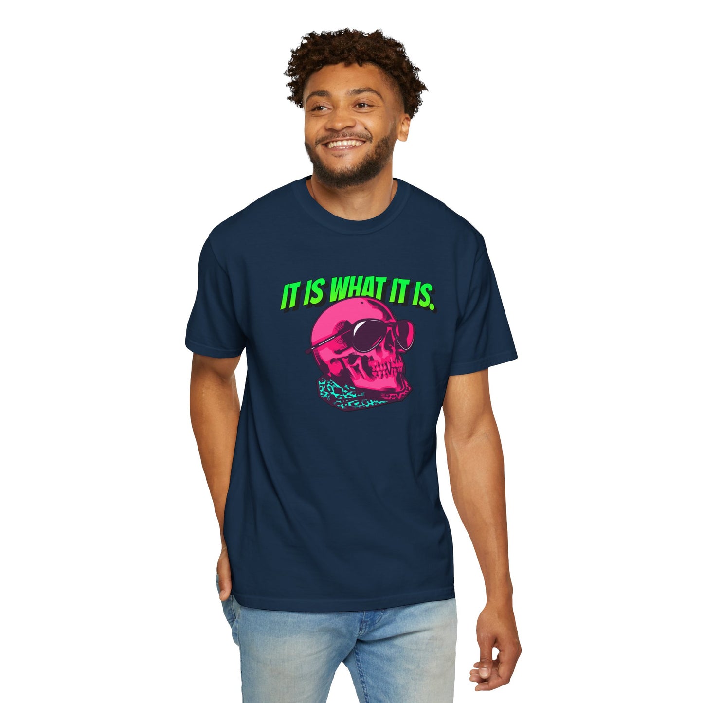 Skull Graphic T-Shirt — "It Is What It Is" Neon Retro Tee