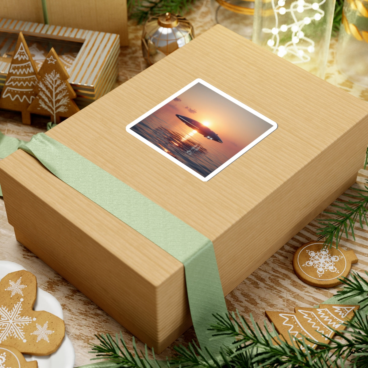 UFO Sunset Sticker — Retro Sci‑Fi Alien Saucer at Ocean Sunset