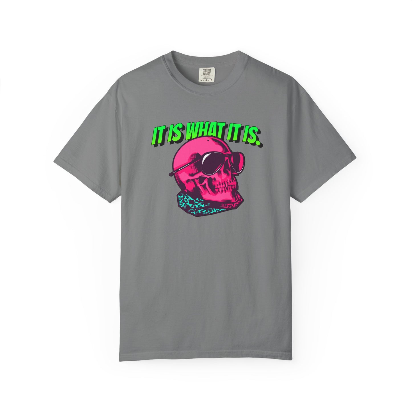 Skull Graphic T-Shirt — "It Is What It Is" Neon Retro Tee