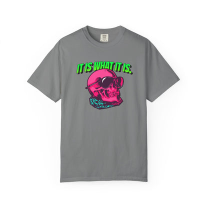 Skull Graphic T-Shirt — "It Is What It Is" Neon Retro Tee