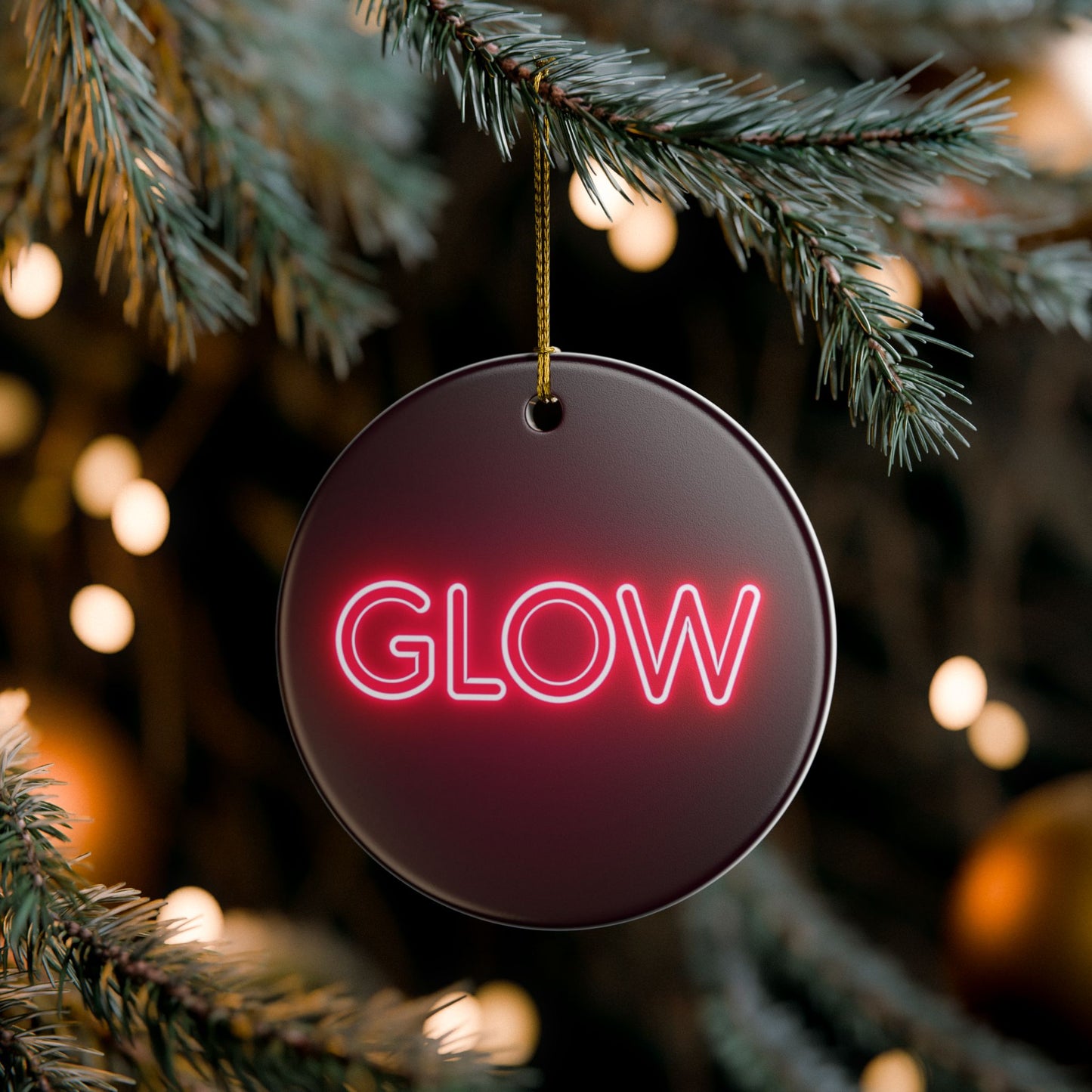 Glow Neon Ceramic Ornament — Round Holiday Decoration with Pink Neon Text