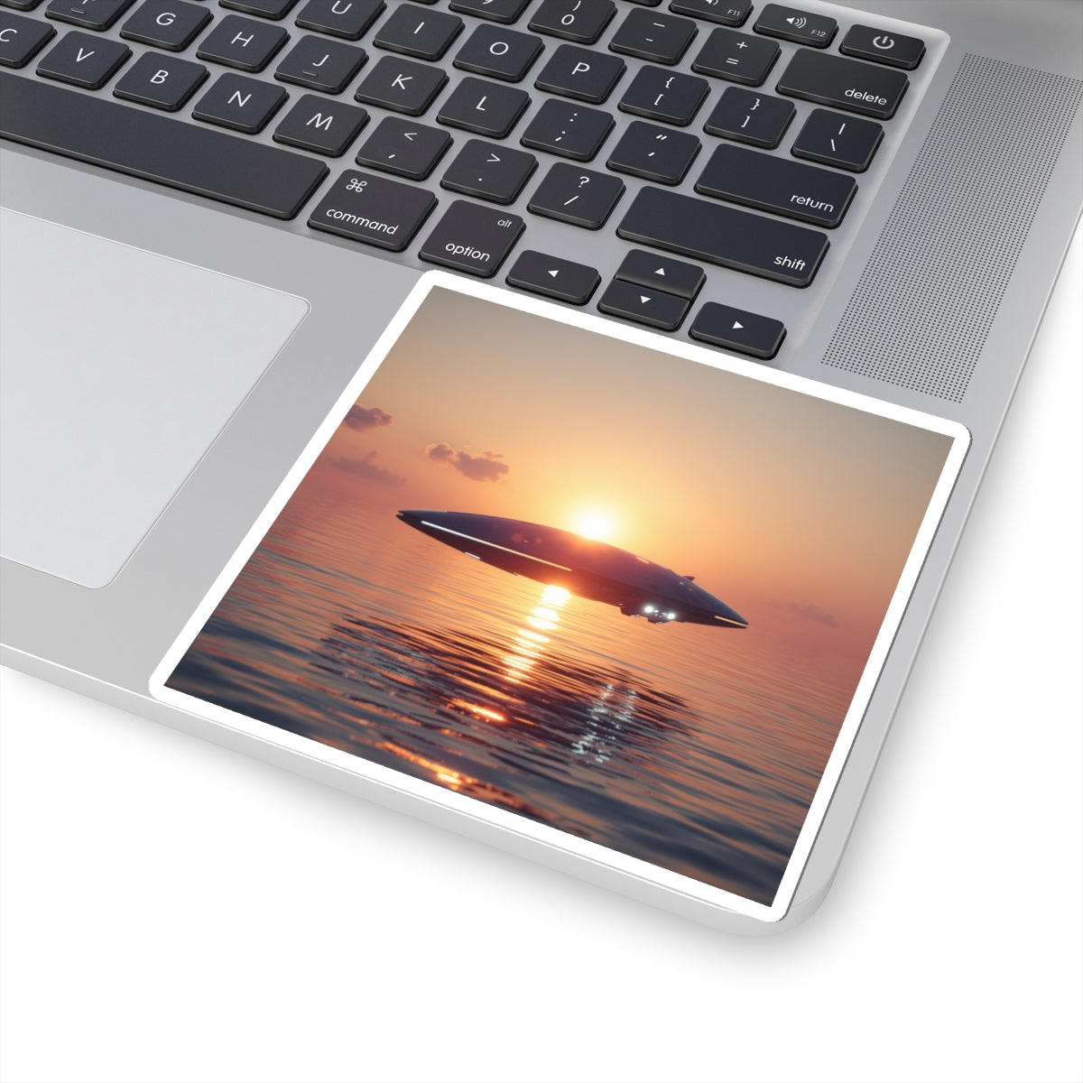 UFO Sunset Sticker — Retro Sci‑Fi Alien Saucer at Ocean Sunset
