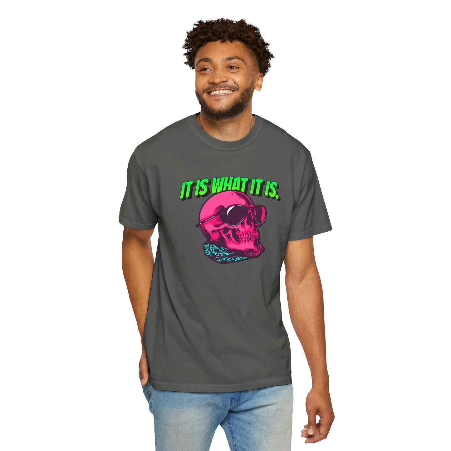 Skull Graphic T-Shirt — "It Is What It Is" Neon Retro Tee