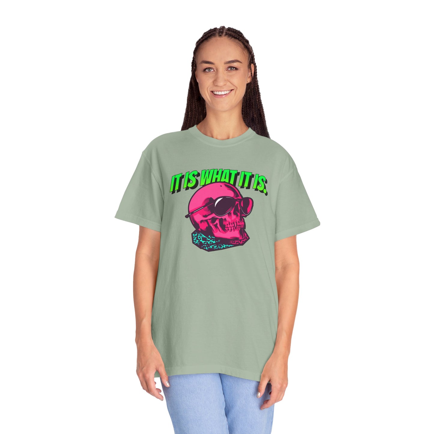 Skull Graphic T-Shirt — "It Is What It Is" Neon Retro Tee