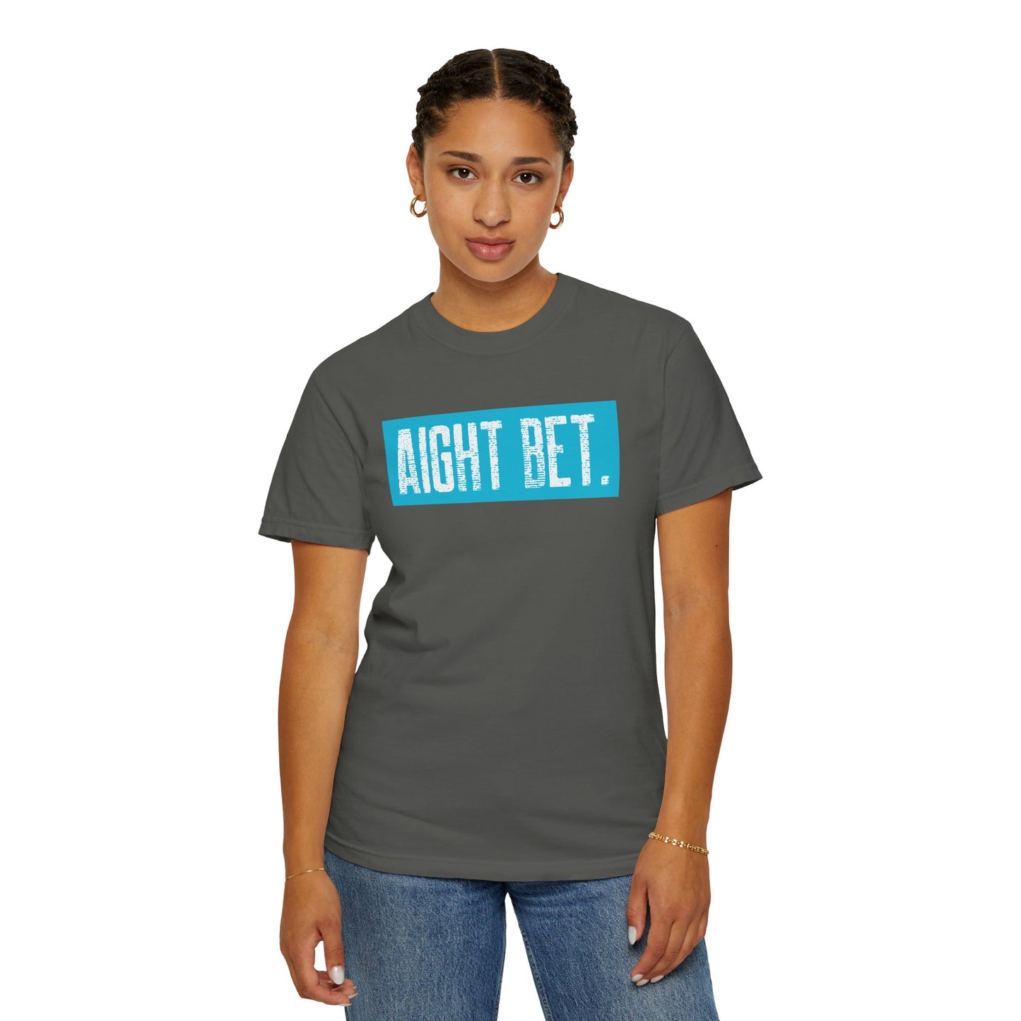 Aight Bet T-Shirt — Casual Graphic Tee with Bold Blue Block Text