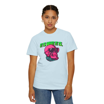 Skull Graphic T-Shirt — "It Is What It Is" Neon Retro Tee