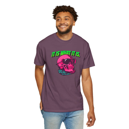 Skull Graphic T-Shirt — "It Is What It Is" Neon Retro Tee