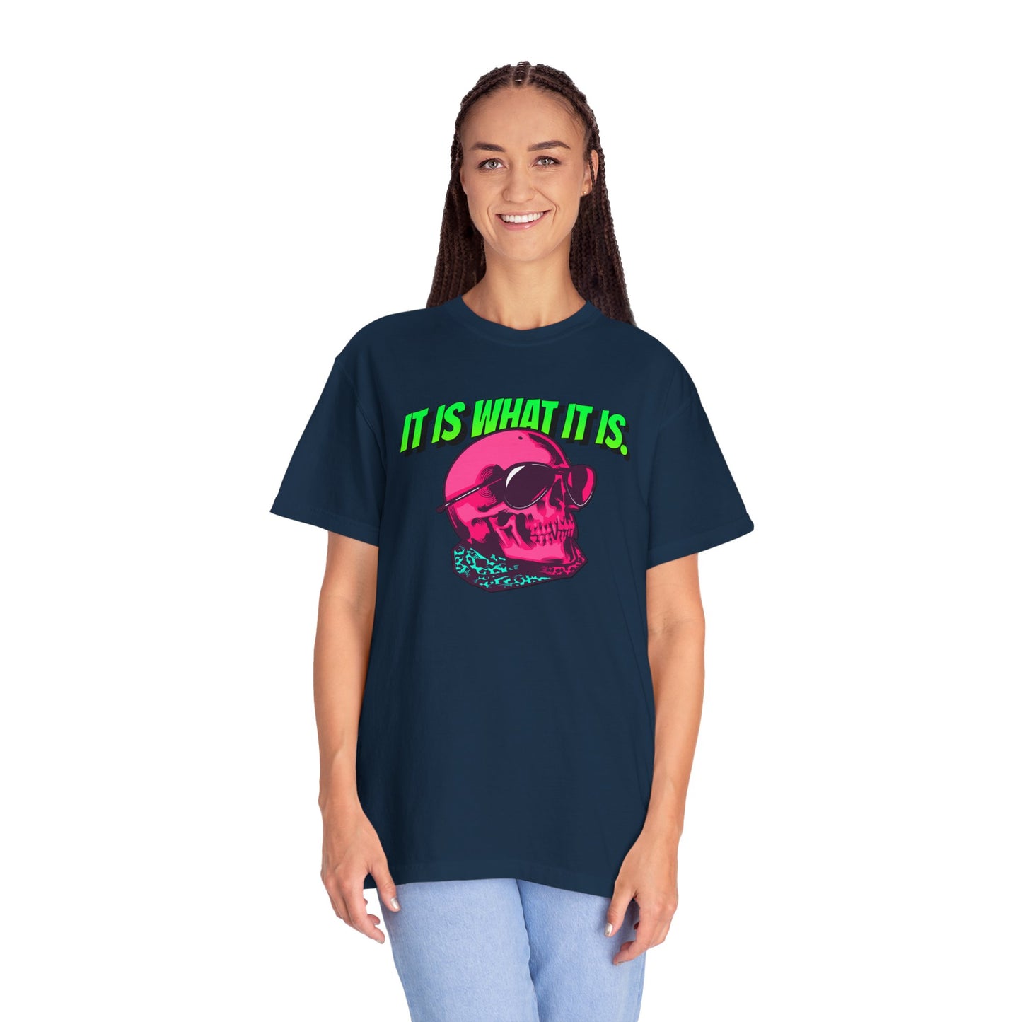 Skull Graphic T-Shirt — "It Is What It Is" Neon Retro Tee