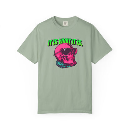 Skull Graphic T-Shirt — "It Is What It Is" Neon Retro Tee