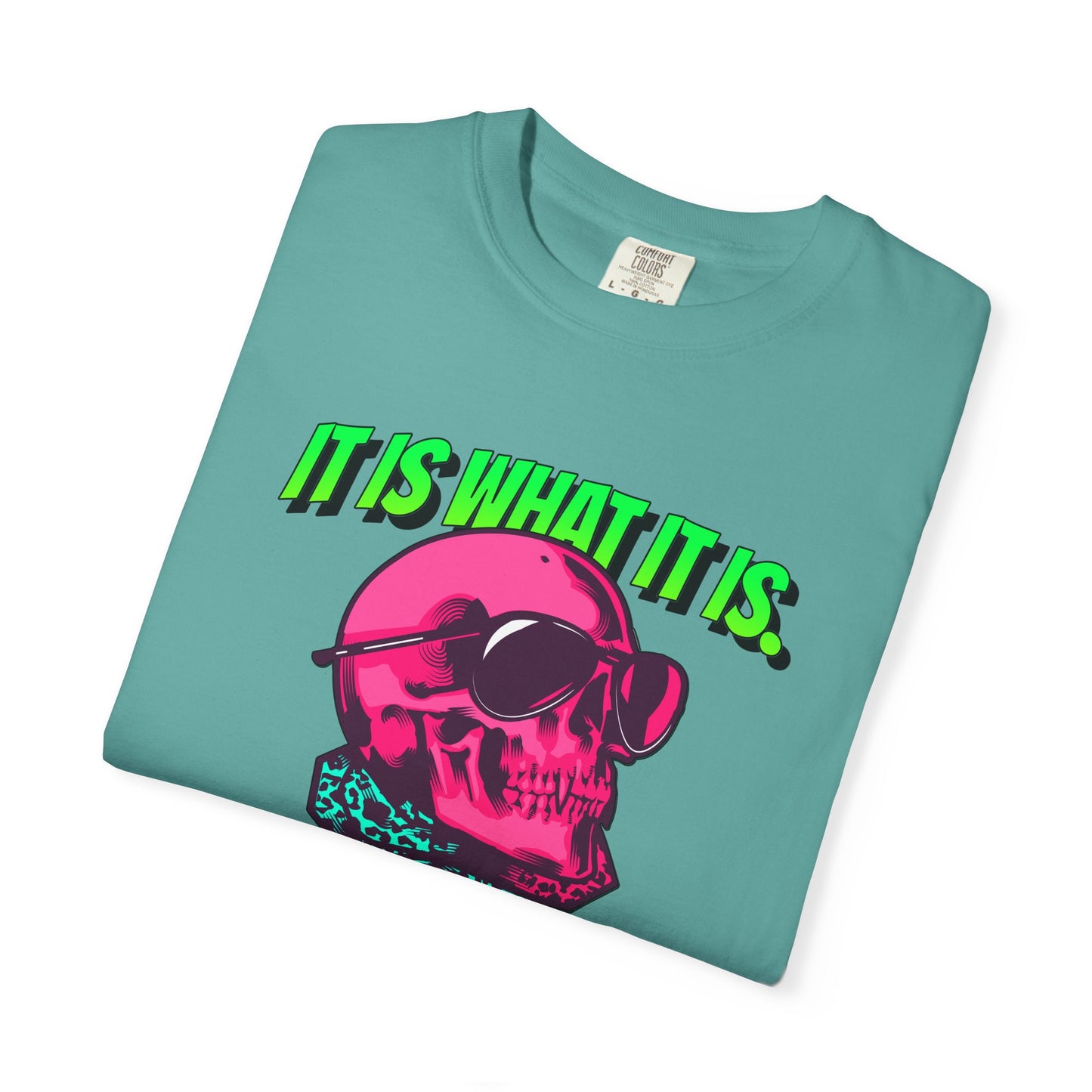 Skull Graphic T-Shirt — "It Is What It Is" Neon Retro Tee