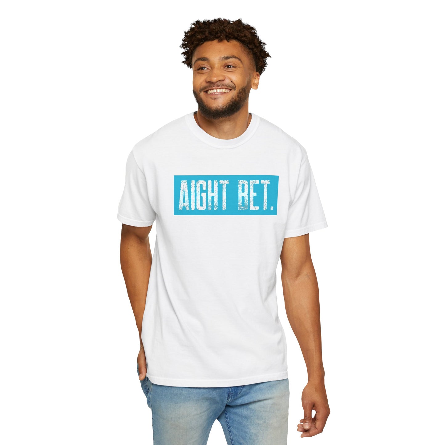 Aight Bet T-Shirt — Casual Graphic Tee with Bold Blue Block Text