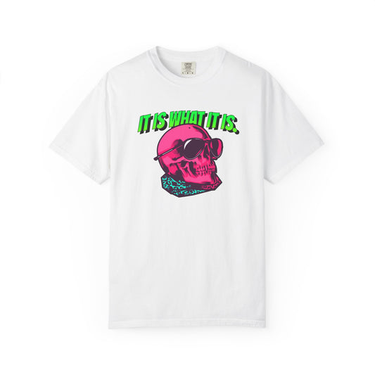 Skull Graphic T-Shirt — "It Is What It Is" Neon Retro Tee