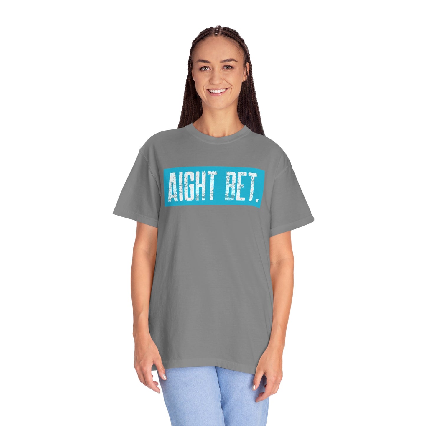 Aight Bet T-Shirt — Casual Graphic Tee with Bold Blue Block Text