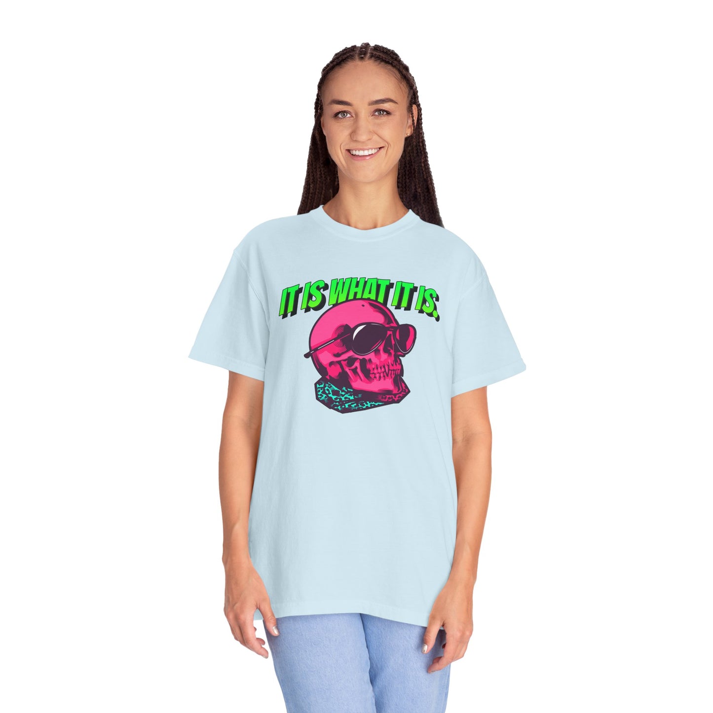 Skull Graphic T-Shirt — "It Is What It Is" Neon Retro Tee