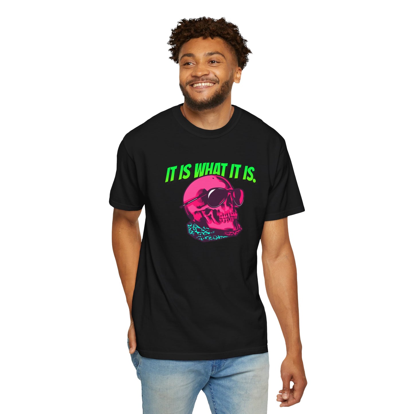 Skull Graphic T-Shirt — "It Is What It Is" Neon Retro Tee