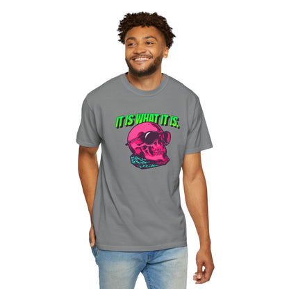 Skull Graphic T-Shirt — "It Is What It Is" Neon Retro Tee