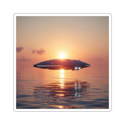UFO Sunset Sticker — Retro Sci‑Fi Alien Saucer at Ocean Sunset
