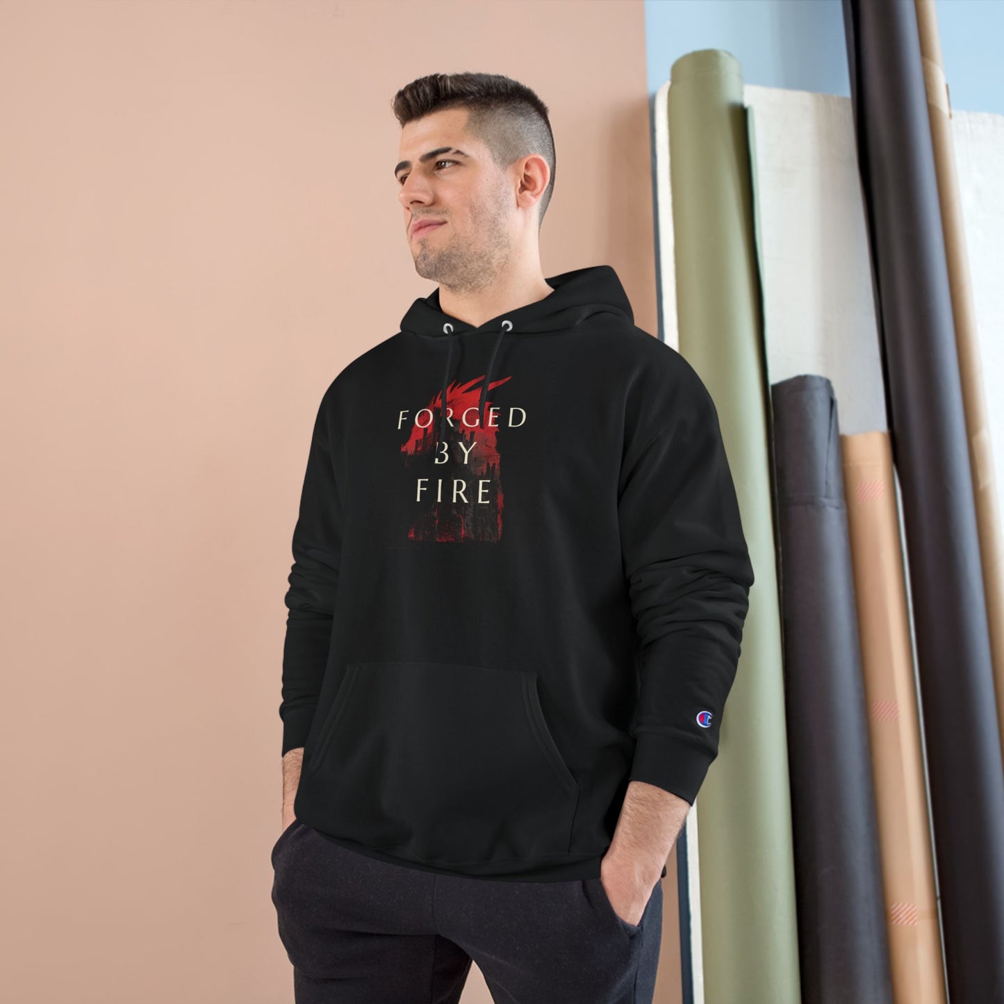 Fordged By Fire Champion Hoodie — Black Motivational Streetwear