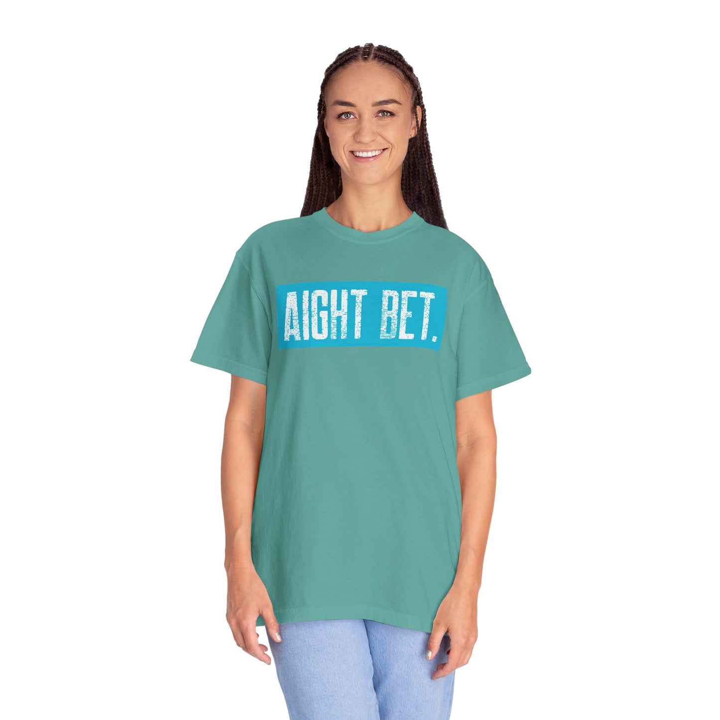 Aight Bet T-Shirt — Casual Graphic Tee with Bold Blue Block Text
