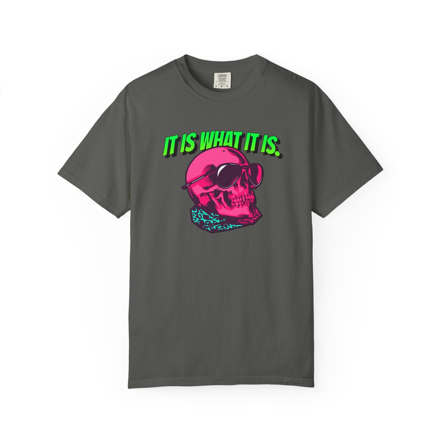 Skull Graphic T-Shirt — "It Is What It Is" Neon Retro Tee