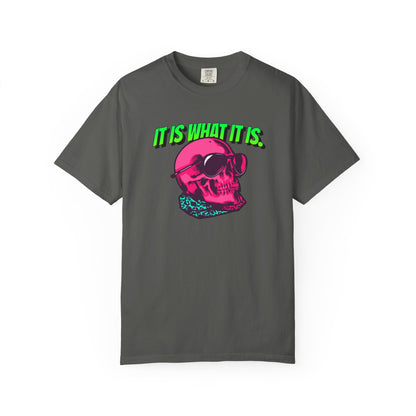Skull Graphic T-Shirt — "It Is What It Is" Neon Retro Tee