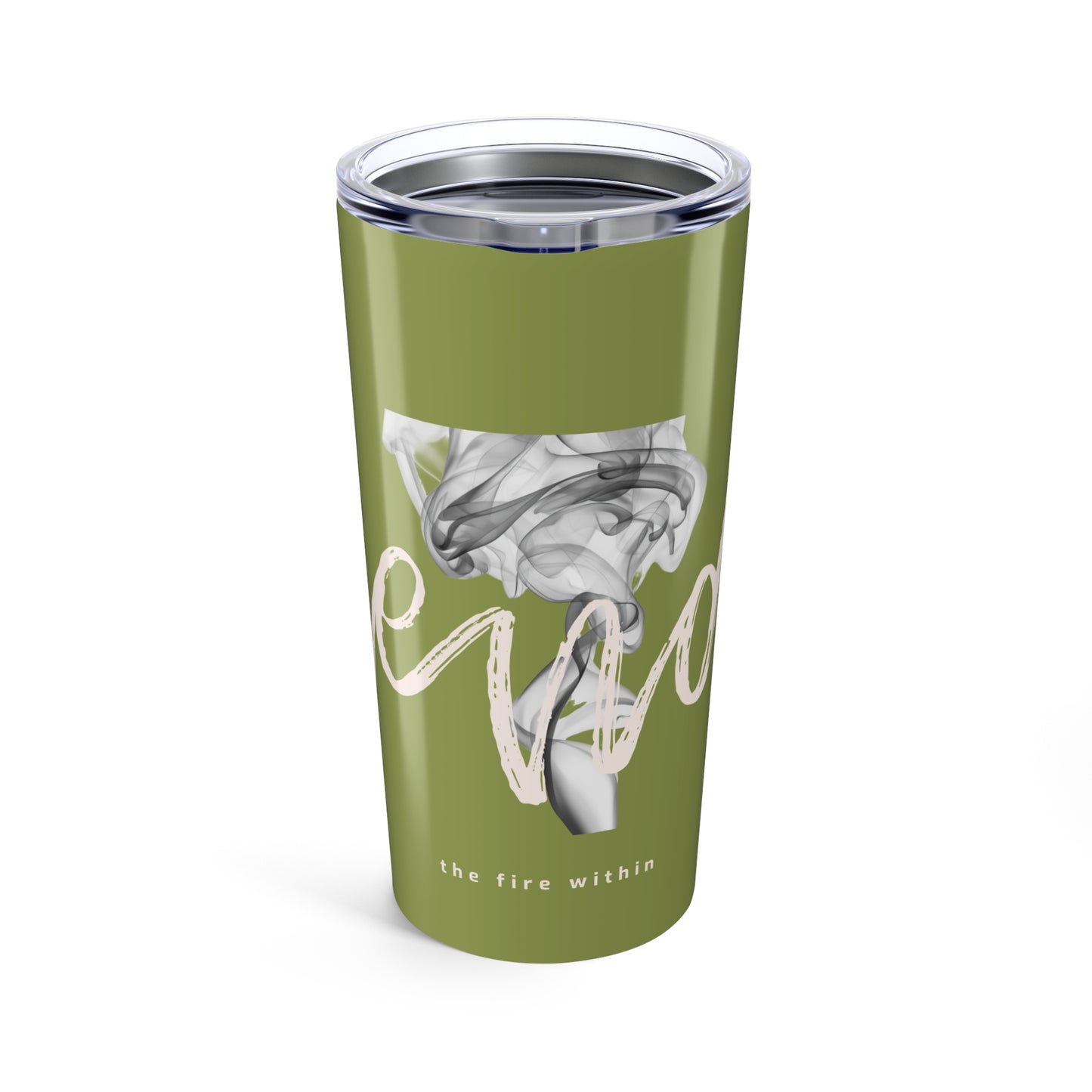 'The Fire Within' 20oz Tumbler — Olive Green Smoky Script Design