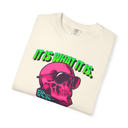Skull Graphic T-Shirt — "It Is What It Is" Neon Retro Tee