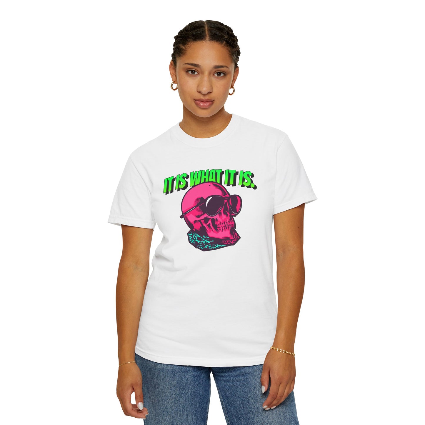 Skull Graphic T-Shirt — "It Is What It Is" Neon Retro Tee