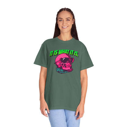 Skull Graphic T-Shirt — "It Is What It Is" Neon Retro Tee