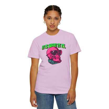Skull Graphic T-Shirt — "It Is What It Is" Neon Retro Tee