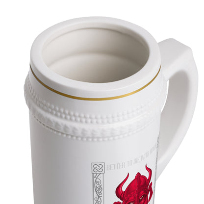Viking Ceramic Beer Stein Mug — Traditional White Stein with Gold Trim