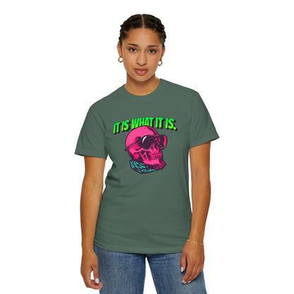 Skull Graphic T-Shirt — "It Is What It Is" Neon Retro Tee
