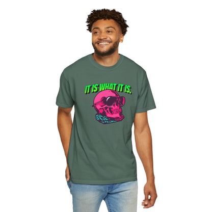 Skull Graphic T-Shirt — "It Is What It Is" Neon Retro Tee