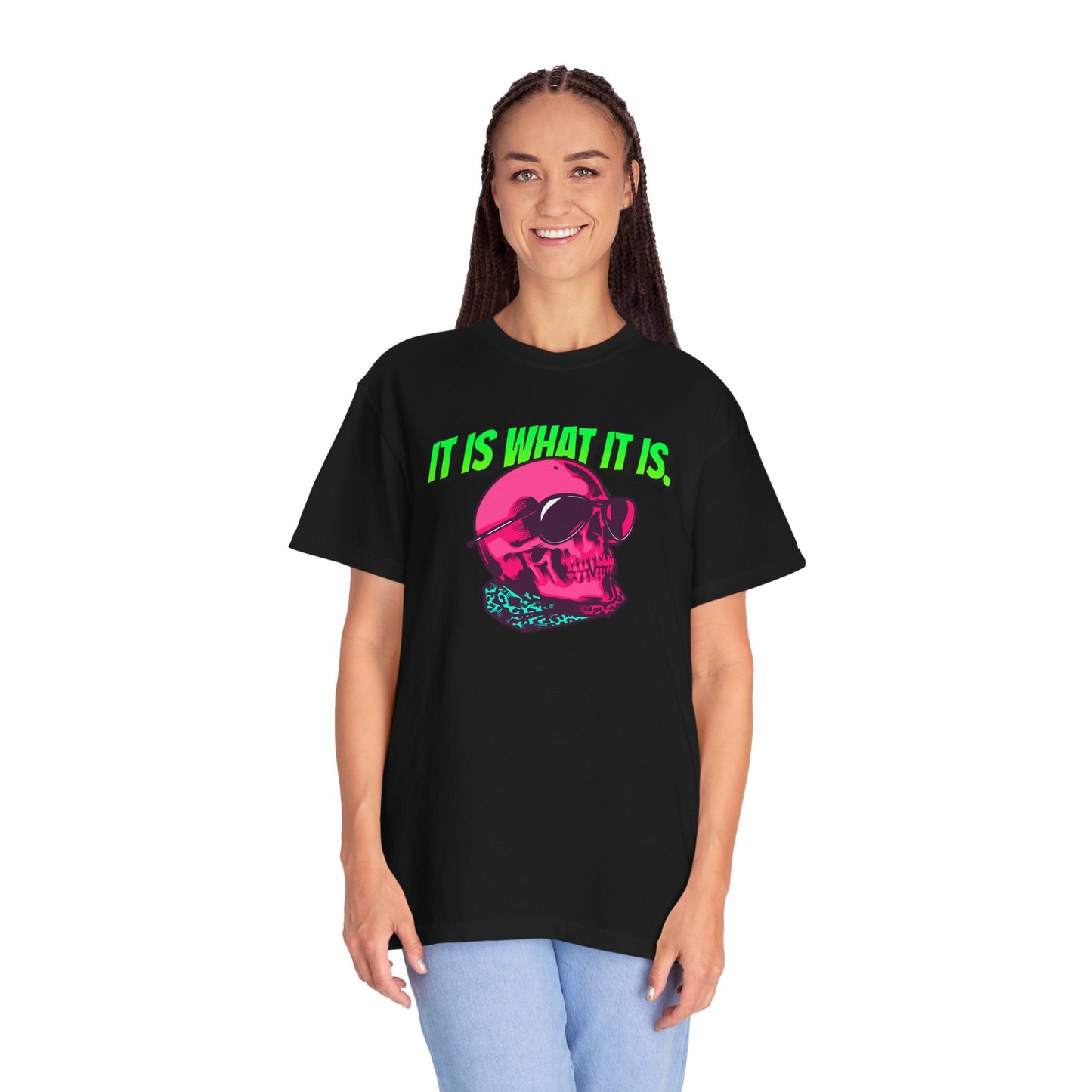 Skull Graphic T-Shirt — "It Is What It Is" Neon Retro Tee