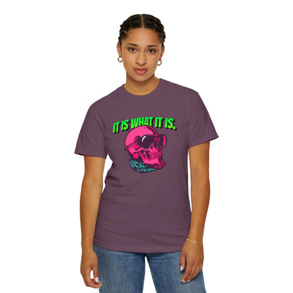 Skull Graphic T-Shirt — "It Is What It Is" Neon Retro Tee