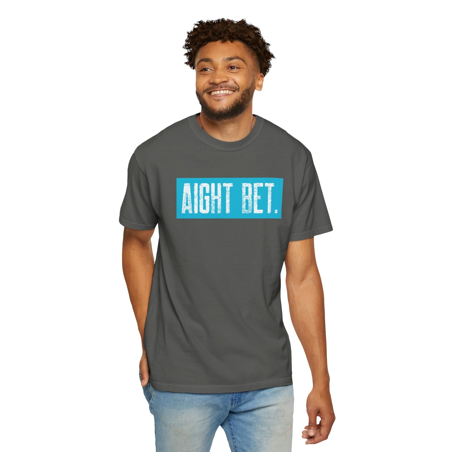 Aight Bet T-Shirt — Casual Graphic Tee with Bold Blue Block Text