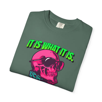 Skull Graphic T-Shirt — "It Is What It Is" Neon Retro Tee