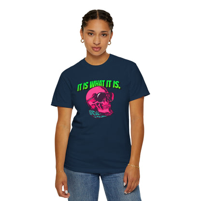 Skull Graphic T-Shirt — "It Is What It Is" Neon Retro Tee
