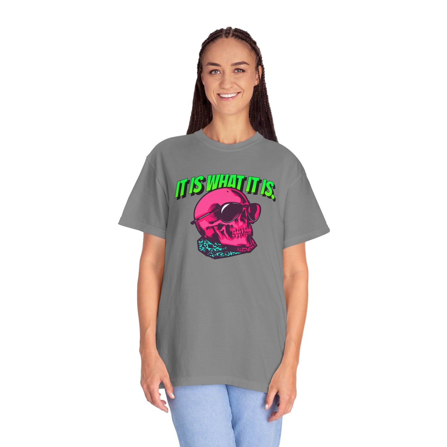 Skull Graphic T-Shirt — "It Is What It Is" Neon Retro Tee