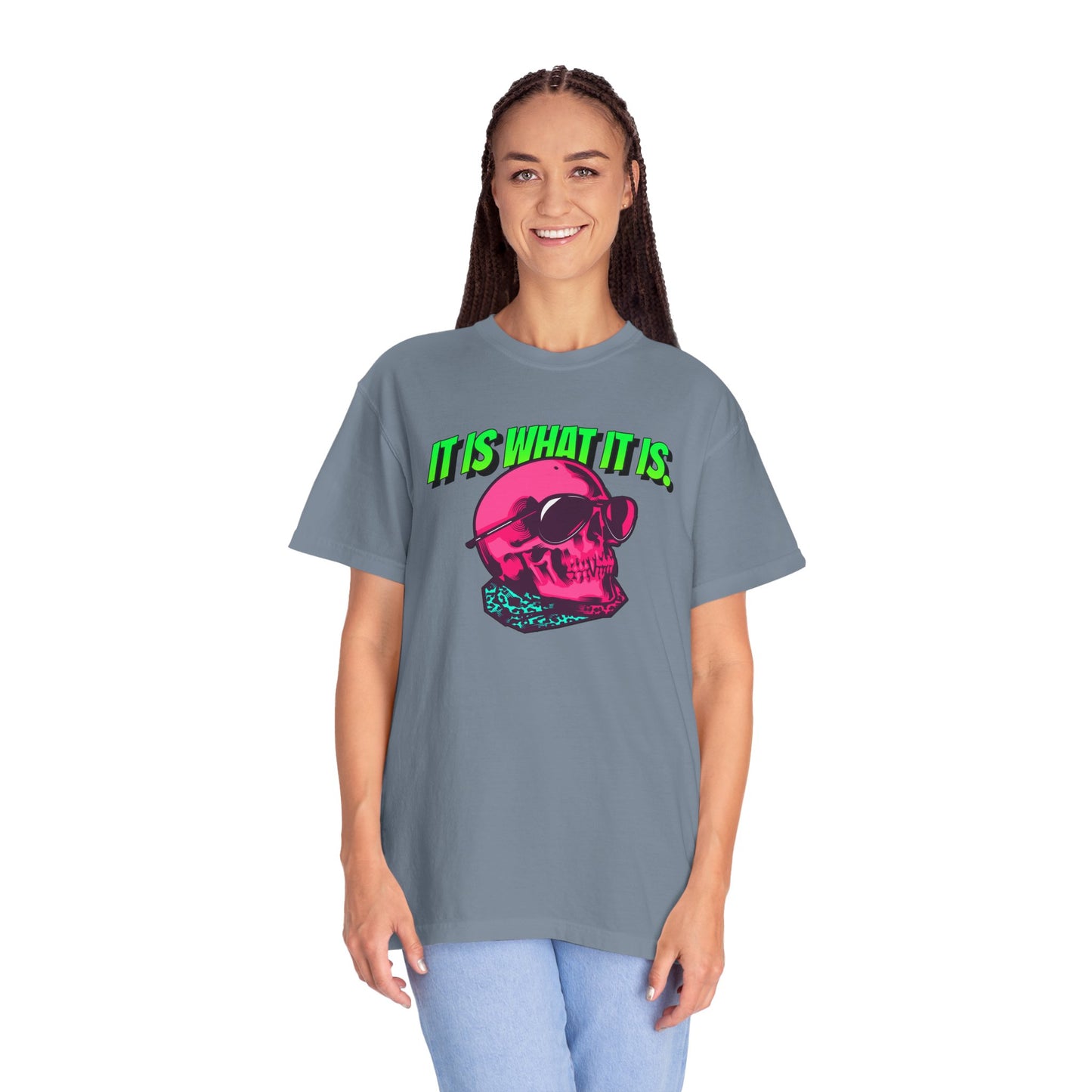 Skull Graphic T-Shirt — "It Is What It Is" Neon Retro Tee