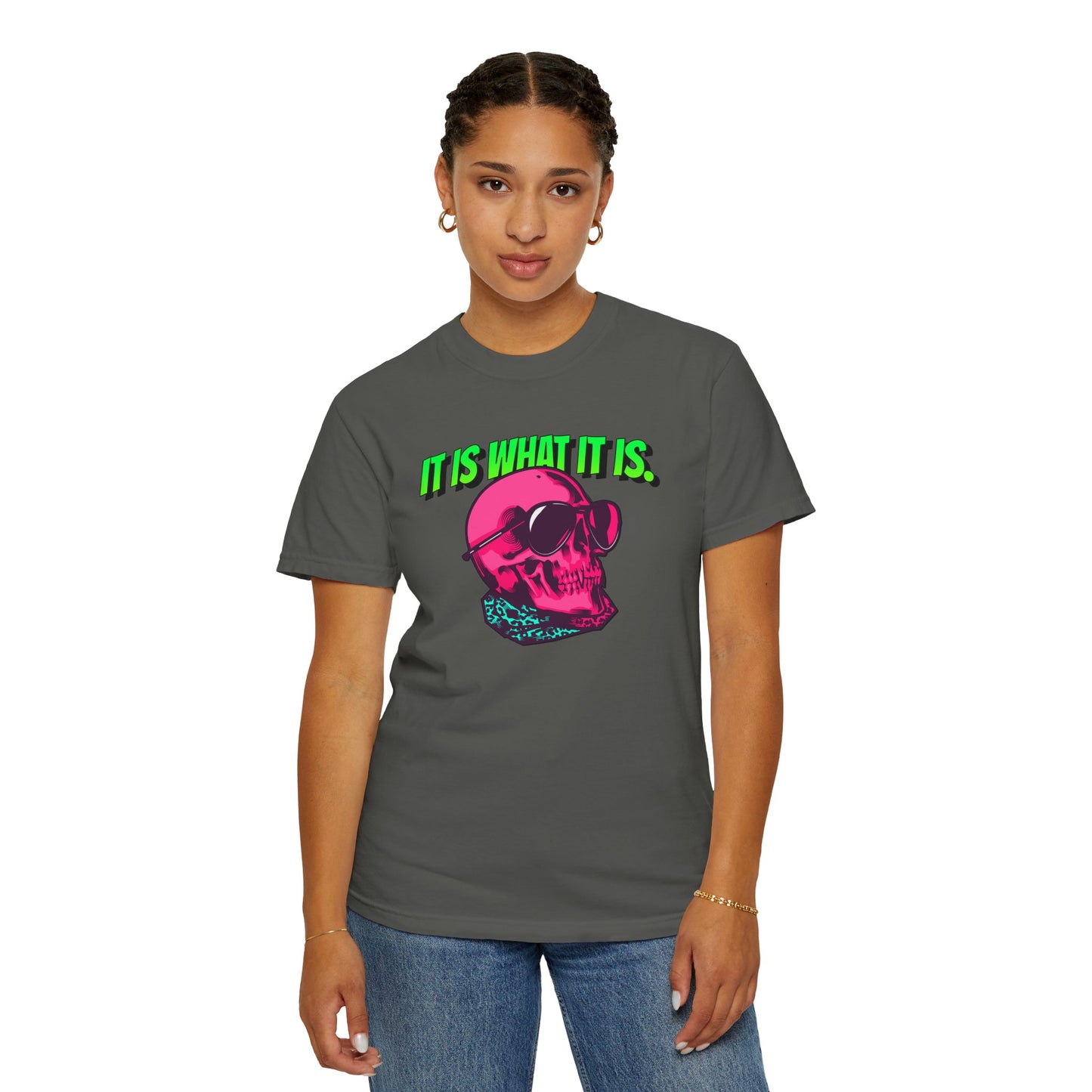 Skull Graphic T-Shirt — "It Is What It Is" Neon Retro Tee