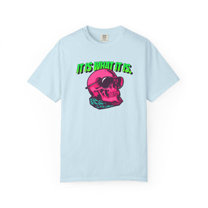 Skull Graphic T-Shirt — "It Is What It Is" Neon Retro Tee