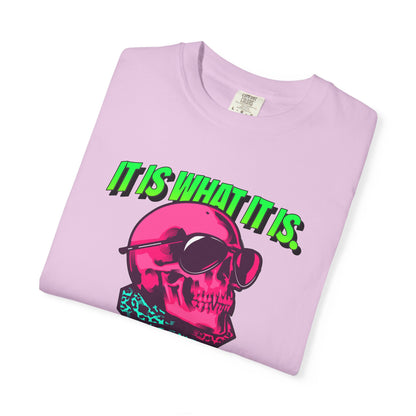 Skull Graphic T-Shirt — "It Is What It Is" Neon Retro Tee