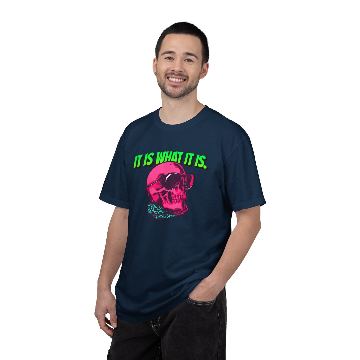 Skull Graphic T-Shirt — "It Is What It Is" Neon Retro Tee