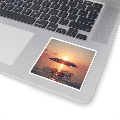 UFO Sunset Sticker — Retro Sci‑Fi Alien Saucer at Ocean Sunset