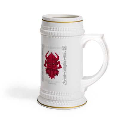 Viking Ceramic Beer Stein Mug — Traditional White Stein with Gold Trim