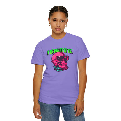Skull Graphic T-Shirt — "It Is What It Is" Neon Retro Tee